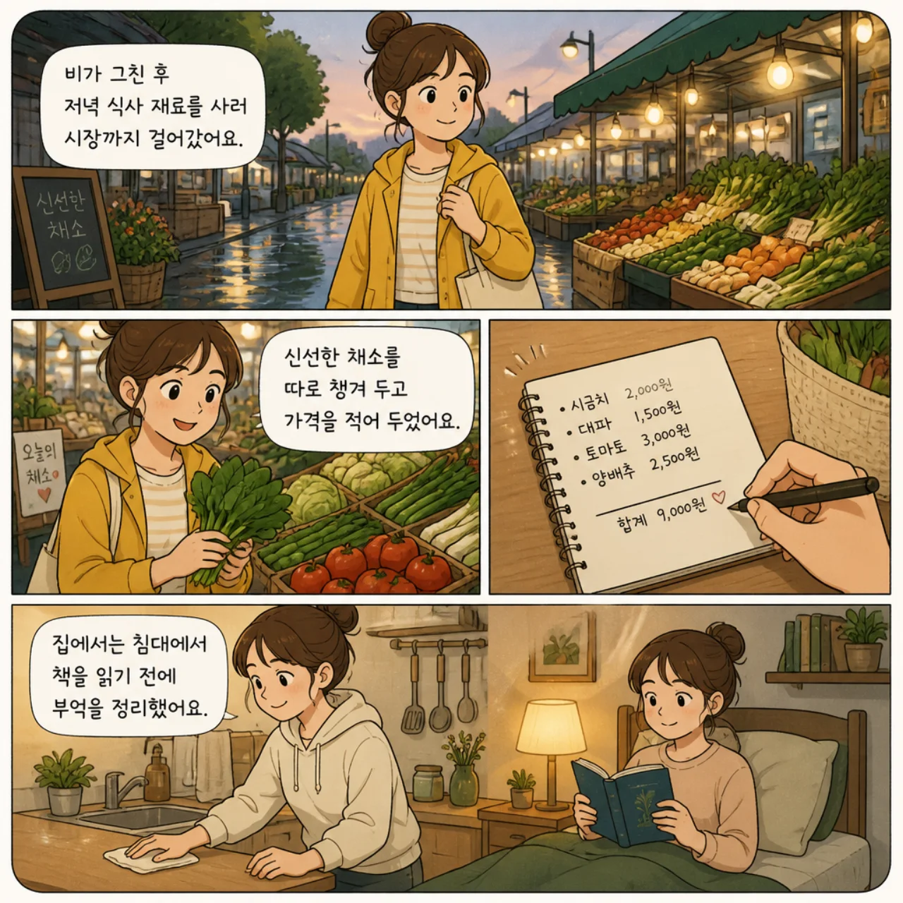 Cartoon Diary panels showing a learner visiting an evening market