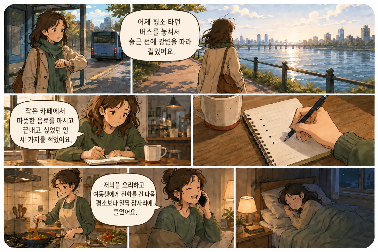 Cartoon Diary showing the bus, river walk, cafe and evening from the sample diary