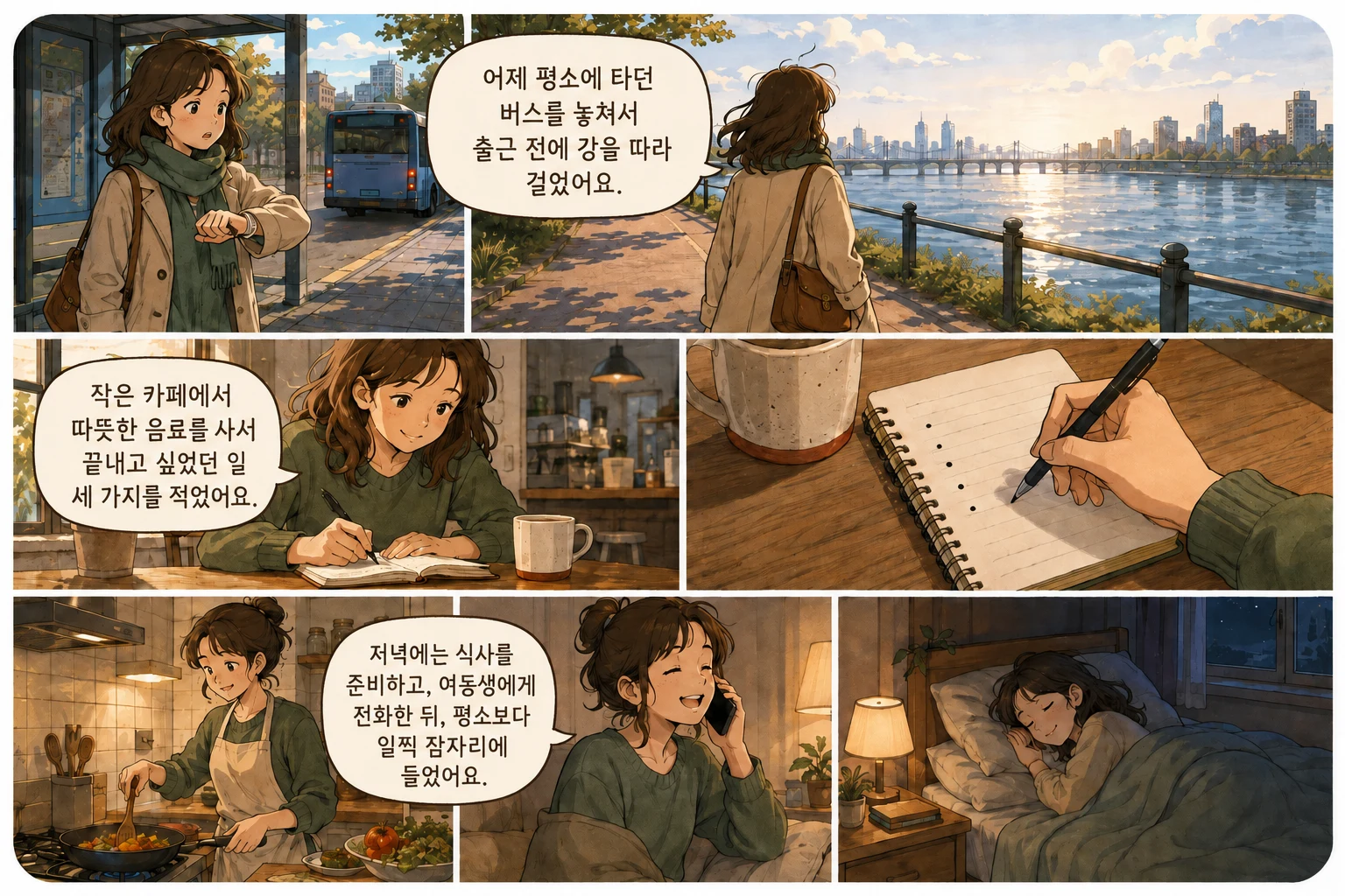 A single-page Cartoon Diary with three Korean diary bubbles, following a woman who misses her bus, walks beside a river, writes three tasks over a warm cafe drink, prepares dinner, calls her younger sister, and goes to bed early.