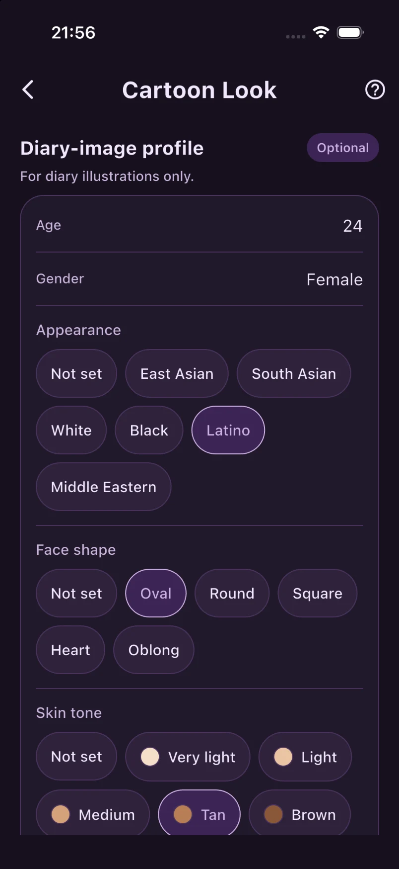 Optional cartoon appearance controls for the fictional example — Dark