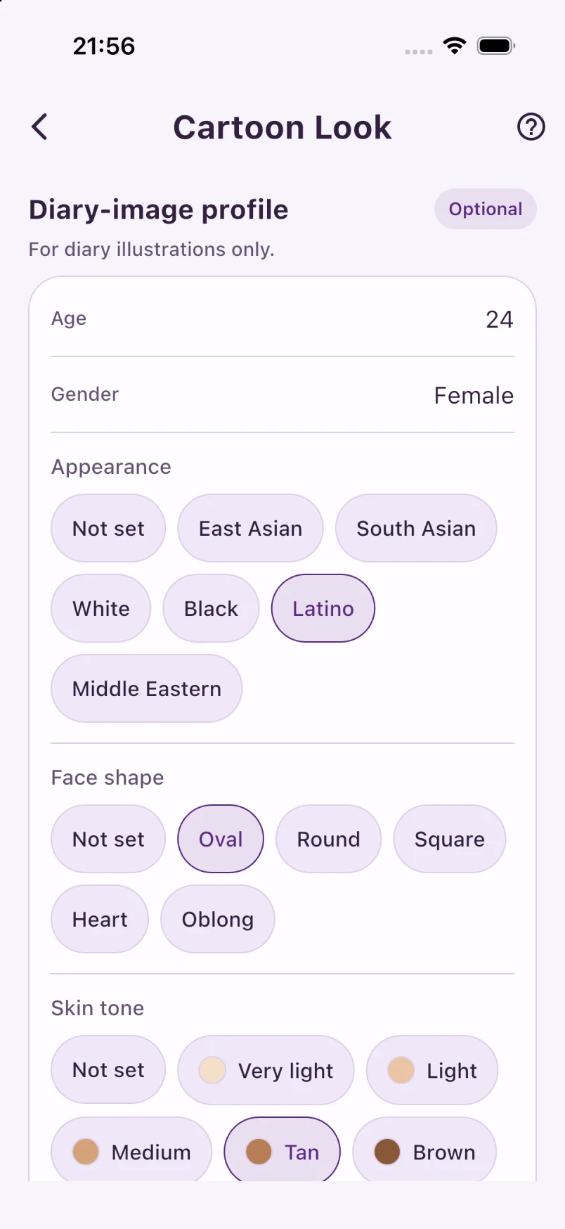 Optional cartoon appearance controls for the fictional example — Light