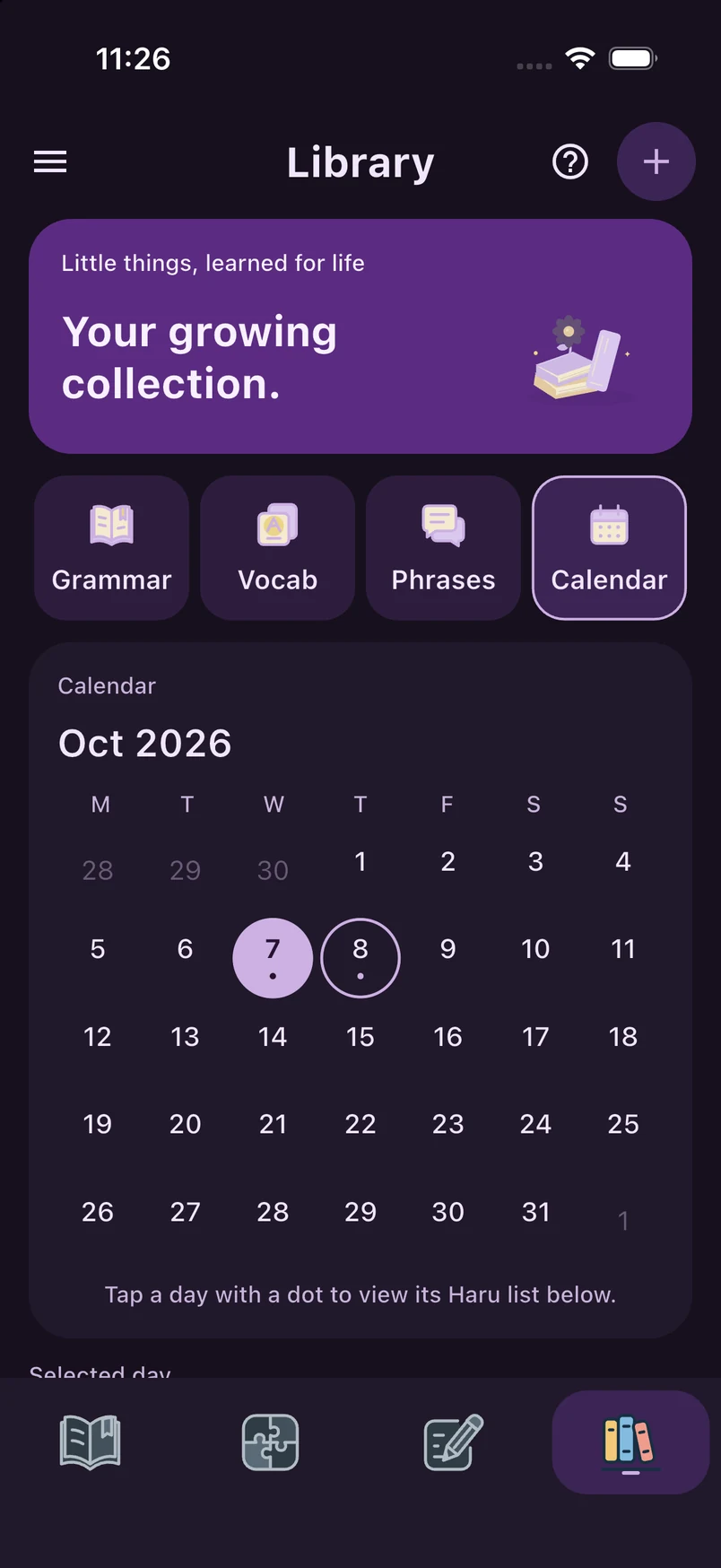 Actual Library calendar with the generated diary date — Dark