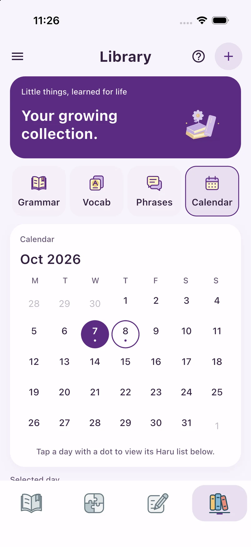 Actual Library calendar with the generated diary date — Light