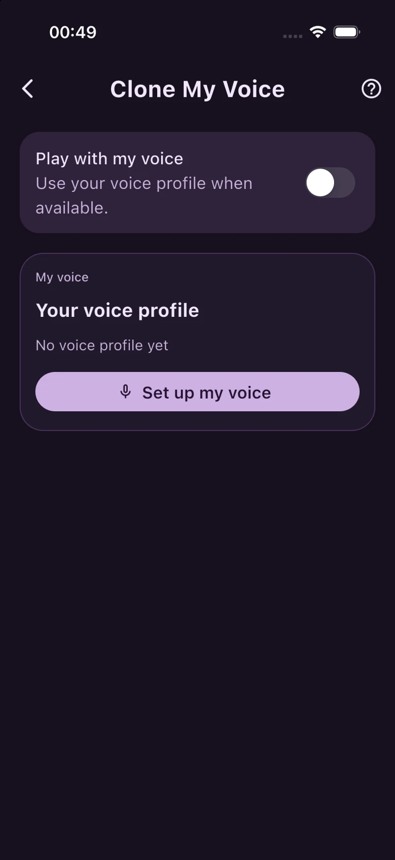 Actual Clone My Voice screen before setup — Dark