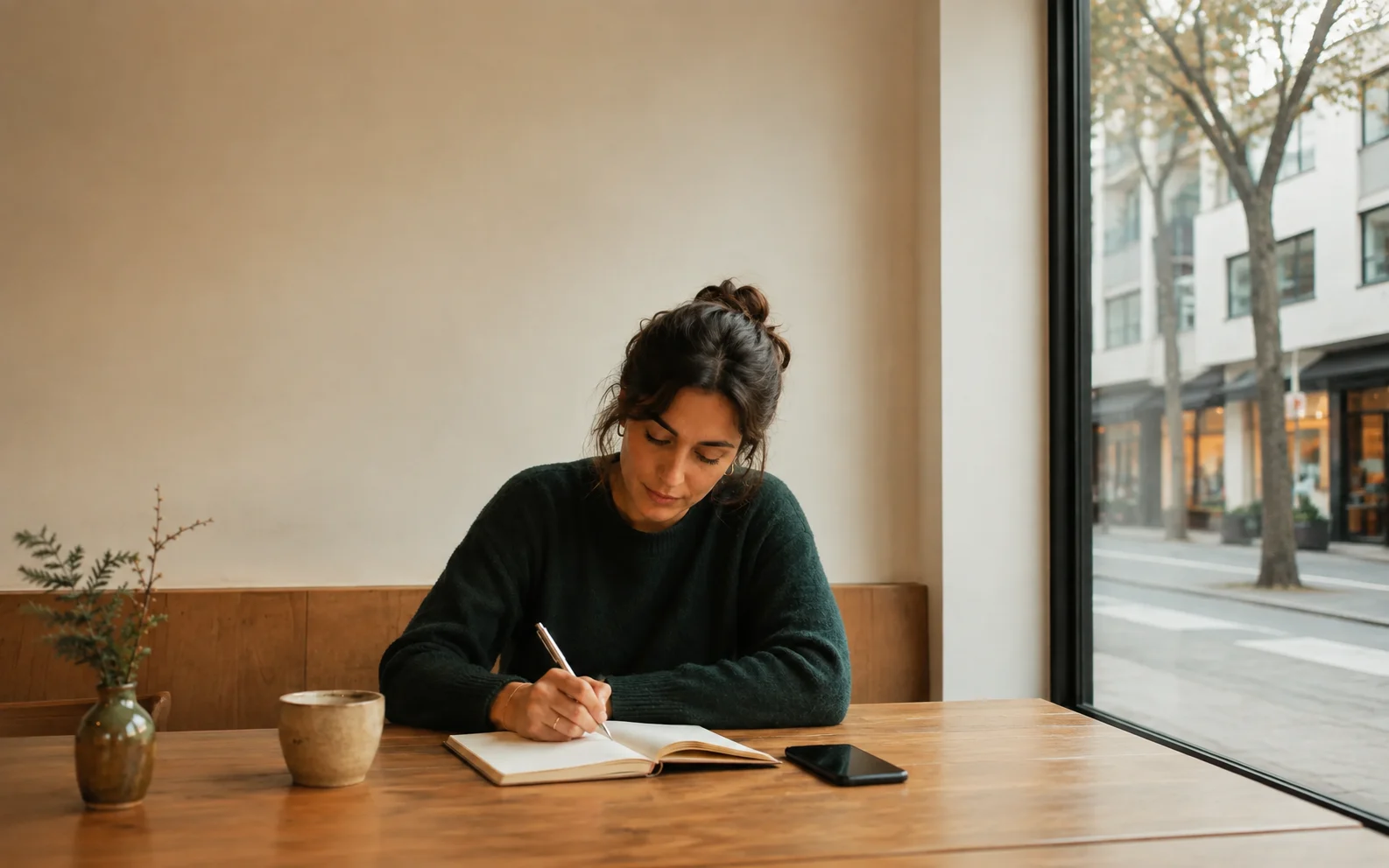 A learner writing in a diary by a cafe window